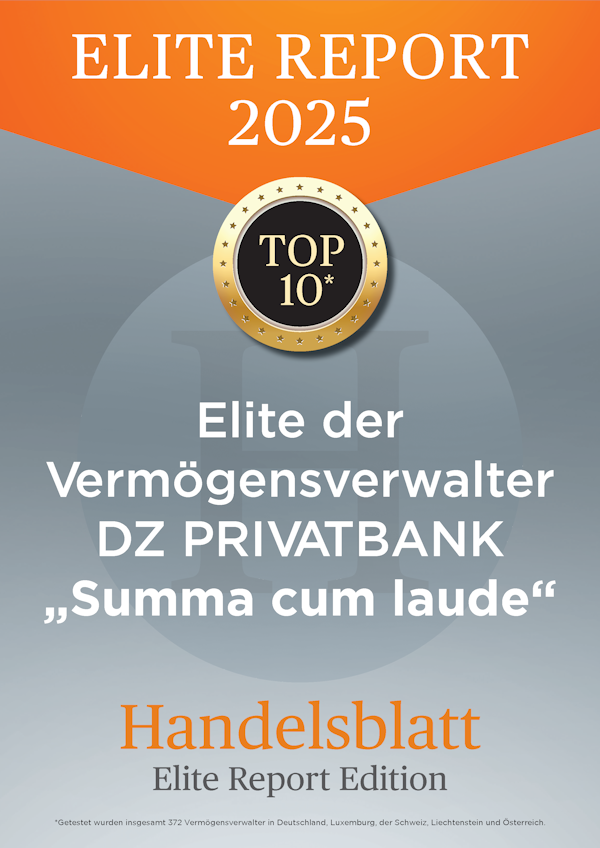 Auszeichnung Handelsblatt: Elite Report 2025 Top 10 Elite der Vermögensverwalter DZ Privatbank Summa cum laudeHandelsblatt Elite Report Edition