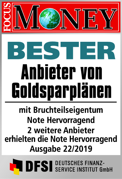 Auszeichnung Focus Money: Bester Anbieter von Goldsparplänen mit Bruchteilseigentum, Note Hervorragend, 2 weitere Anbieter erhielten die Note Hervorragend, Ausgabe 22/2019 DFSI Deutsches Finanz-Service Institut GmbH 